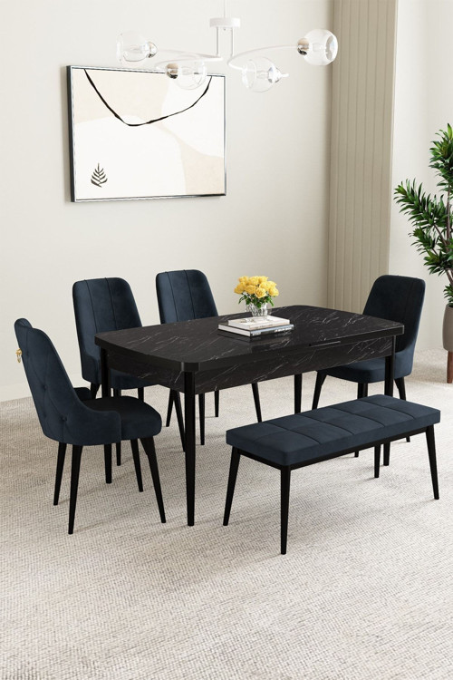 Clara Siyah Mermer 80x132 Açılabilir Mdf Masa Yemek Odası Takımı,Mutfak Takımı 4 Sandalye 1 Bench