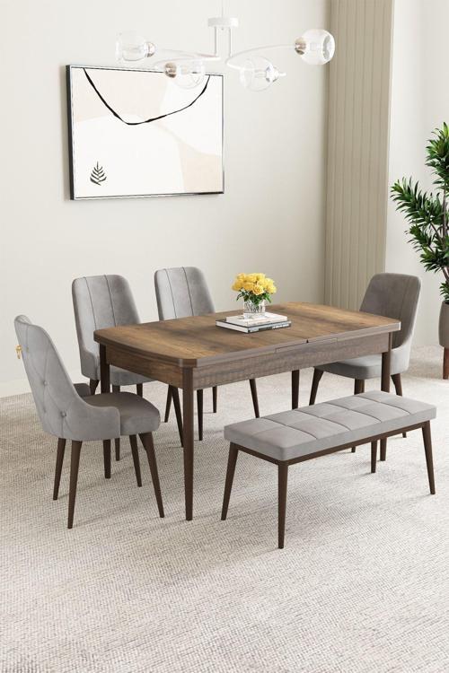 Mabel Barok Desen 80x132 Açılabilir Mdf Masa Yemek Odası Takımı, Mutfak Takımı 4 Sandalye, 1 Bench
