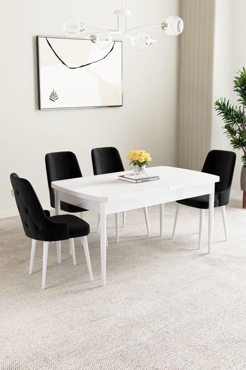 Mabel Beyaz 80x132 Açılabilir Mdf Masa Yemek Odası Takımı, Mutfak Takımı 4 Adet Sandalye