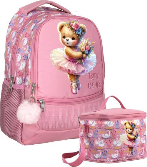 Balerin Ayıcık Desenli Kız Çocuk Pembe İkili Çanta ve Beslenme Seti - SETUMT5000B