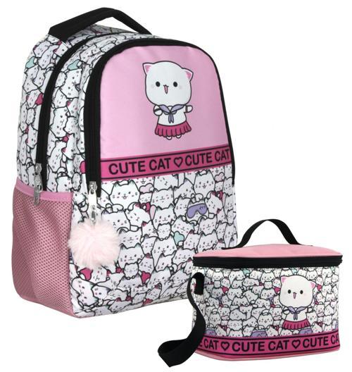 Sevimli Kediler Desenli Kız Çocuk Pembe Beyaz İkili Çanta ve Beslenme Seti - SETUMT5012B