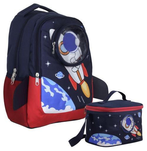 3D Astronot Desenli Erkek Çocuk Lacivert Kırmızı İkili Çanta ve Beslenme Seti - SETUMT5042B