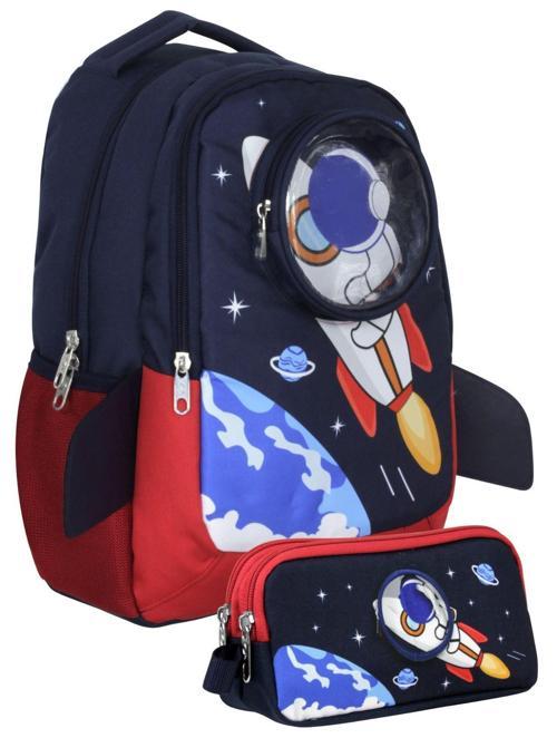 UMT5042+UMT5044 Sırt Çantası ve Kalemlik Seti (Lacivert Kırmızı - 3D Astronot - Erkek Çocuk)