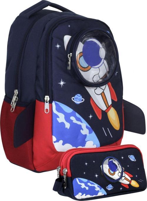 UMT5042+UMT5044 Sırt Çantası ve Kalemlik Seti (Lacivert Kırmızı - 3D Astronot - Erkek Çocuk)