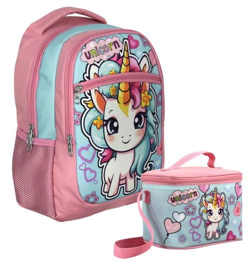 Bebek Unicorn Desenli Kız Çocuk Pembe Turkuaz İkili Çanta ve Beslenme Seti - SETUMT5048B