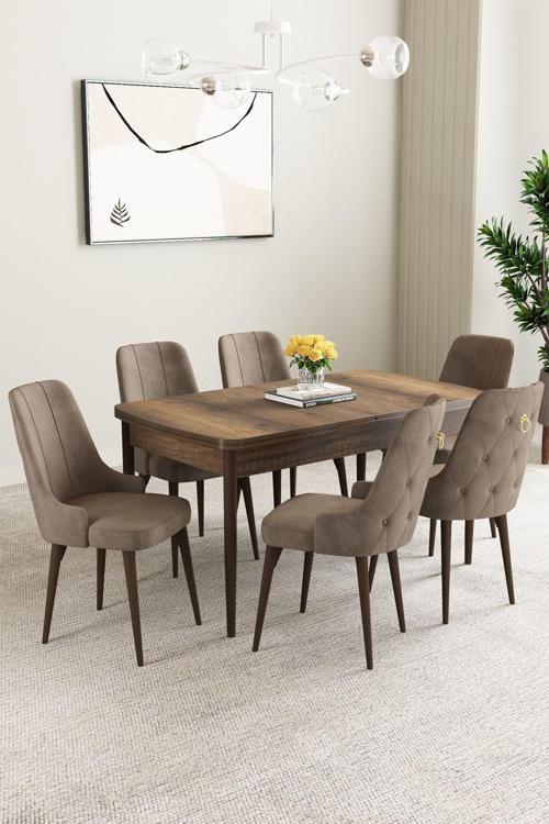 Mabel Barok Desen 80x132 Açılabilir Mdf Masa Yemek Odası Takımı, Mutfak Takımı 6 Adet Sandalye
