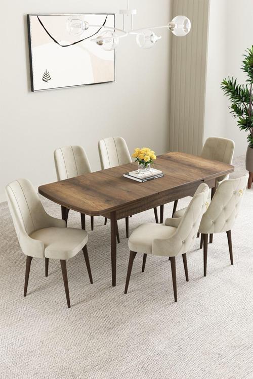 Mabel Barok Desen 80x132 Açılabilir Mdf Masa Yemek Odası Takımı, Mutfak Takımı 6 Adet Sandalye