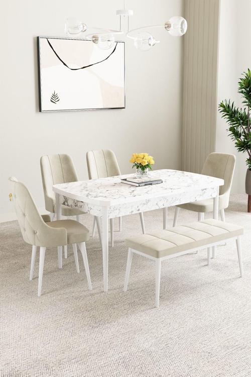 Mabel Beyaz Mermer 80x132 Açılabilir Mdf Masa Yemek Odası Takımı,Mutfak Takımı 4 Sandalye, 1 Bench