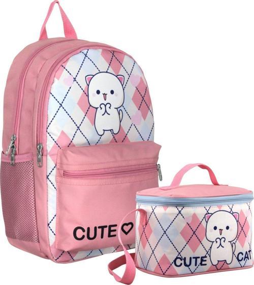 Love Cute Cat Desenli Kız Çocuk Beyaz Pembe İkili Çanta ve Beslenme Seti - SETUMT5024B