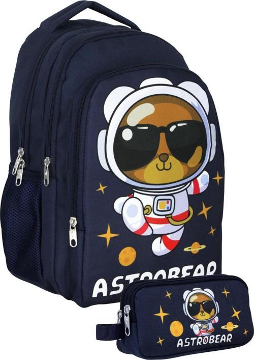 Lacivert Beyaz Astronot Ayıcık Baskılı Erkek Çocuk Çanta Seti (Sırt Çantası+Kalemlik) - SETUMT5045C