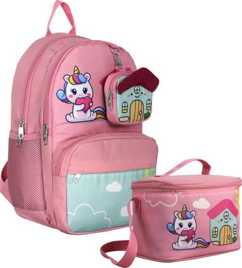 Unicorn Desenli Kız Çocuk Pembe Yeşil İkili Çanta ve Beslenme Seti - SETUMT5051B