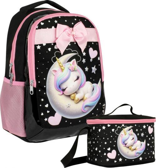 Uykucu Unicorn Desenli Kız Çocuk Siyah Pembe İkili Çanta ve Beslenme Seti - SETUMT5060B