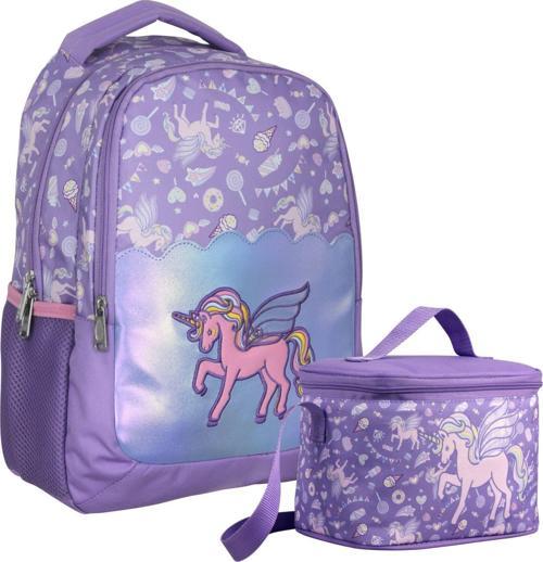 Nakışlı Unicorn Pegasus Desenli Kız Çocuk Lila İkili Çanta ve Beslenme Seti - SETUMT5027B