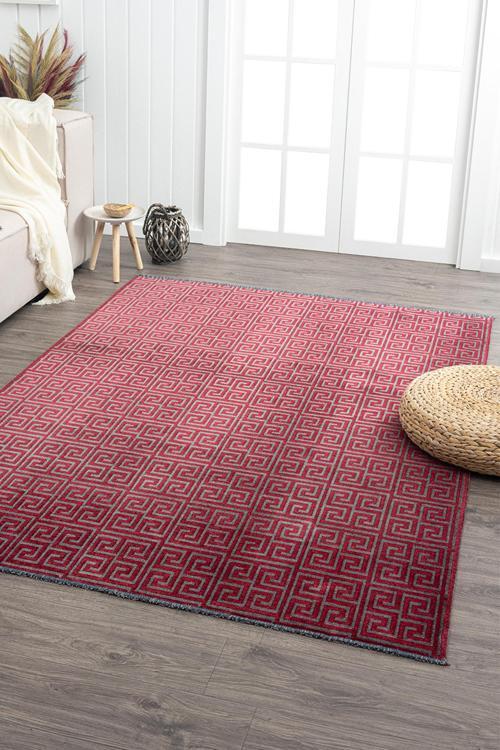 Ares Kırmızı Antrasit Halı Yıkanabilir Kaymaz Taban Şönil Kilim Dokuma Pamuk Taban Kilim NV04