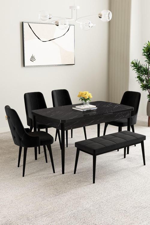 Mabel Siyah Mermer Desen 80x132 Açılabilir Mdf Masa Yemek Odası Takımı, Mutfak Takımı 4 Sandalye, 1 
