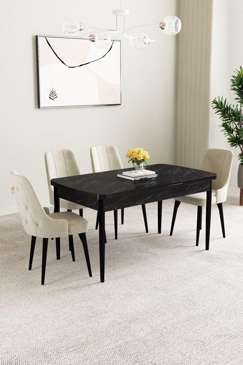 Mabel Siyah Mermer Desen 80x132 Açılabilir Mdf Masa Yemek Odası Takımı, Mutfak Takımı 4 Adet Sandaly