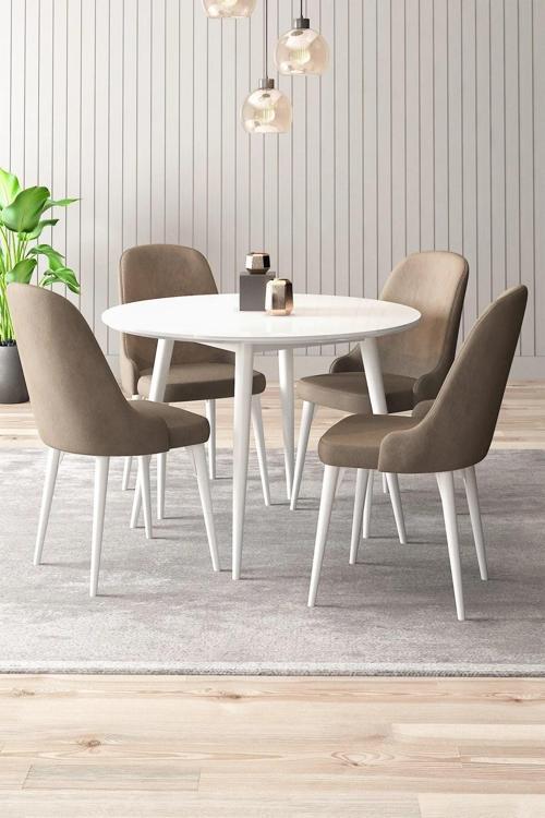 Adel Serisi Beyaz 90x90 Mdf Masa Mutfak Masa Takımı,  Yemek Odası Takımı 4 Adet Sandalye