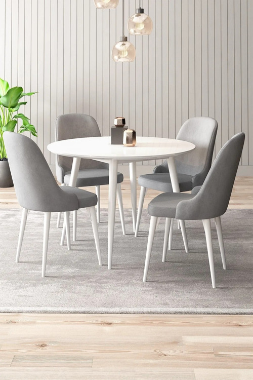 Adel Serisi Beyaz 90x90 Mdf Masa Mutfak Masa Takımı, Yemek Odası Takımı 4 Adet Sandalye