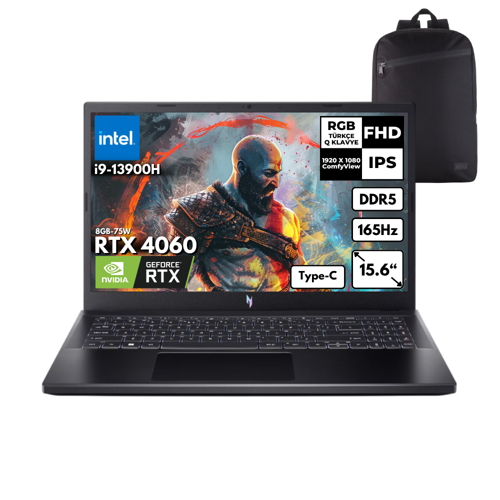 Nitro ANV15-51 I9-13900H 32-GBDDR5 4 TBSSD RTX 4060 (8GB-75W) 15.6" FHD 165Hz Freedos + HMF Sırt Çantası NH.QQEEY.007HMF12