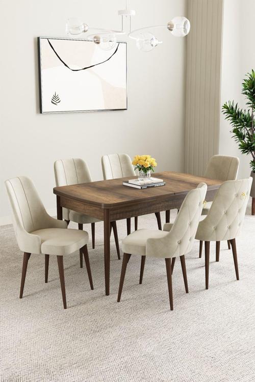 Clara Barok Desen 80x132 Açılabilir Mdf Masa Yemek Odası Takımı,Mutfak Takımı 6 Adet Sandalye