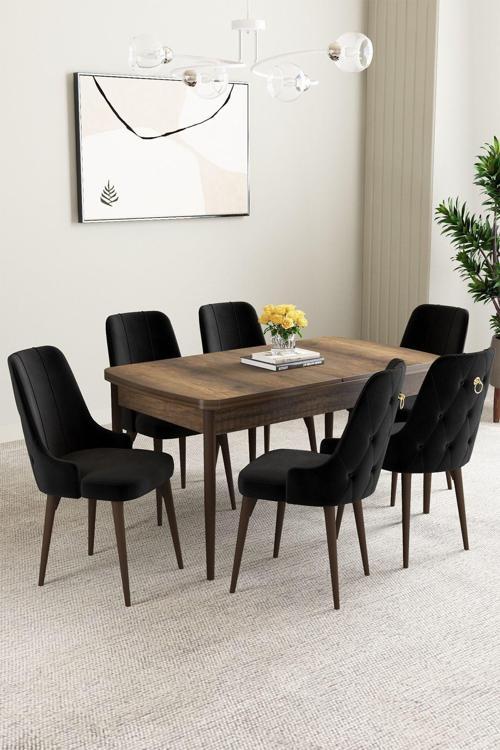 Mabel Barok Desen 80x132 Açılabilir Mdf Masa Yemek Odası Takımı, Mutfak Takımı 6 Adet Sandalye