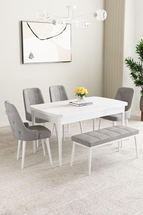 Mabel Beyaz 80x132 Açılabilir Mdf Masa Yemek Odası Takımı, Mutfak Takımı  4 Sandalye 1 Bench