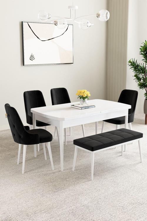 Mabel Beyaz 80x132 Açılabilir Mdf Masa Yemek Odası Takımı, Mutfak Takımı  4 Sandalye 1 Bench