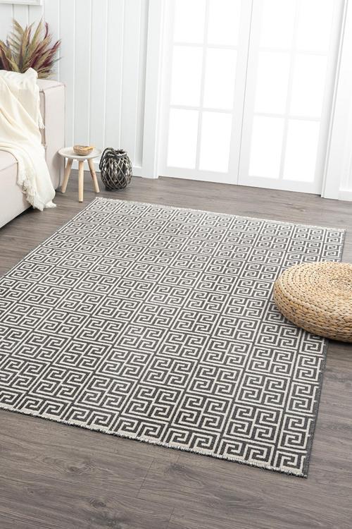 Ares Antrasit Krem Halı Yıkanabilir Kaymaz Taban Şönil Kilim Dokuma Pamuk Taban Kilim NV05