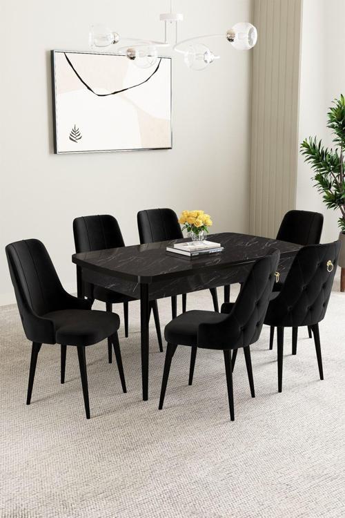 Mabel Siyah Mermer Desen 80x132 Açılabilir Mdf Masa Yemek Odası Takımı, Mutfak Takımı 6 Adet Sandaly