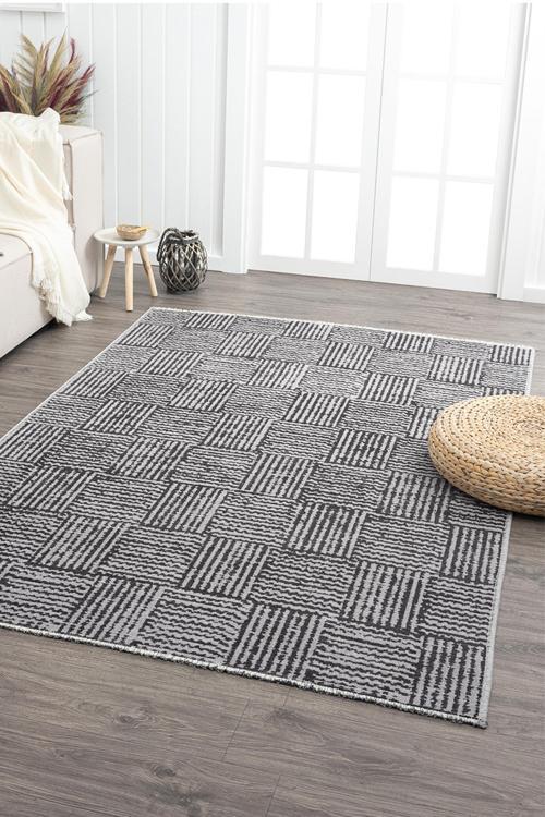 Ares Gri Antrasit Halı Yıkanabilir Kaymaz Taban Şönil Kilim Dokuma Pamuk Taban Kilim NV01