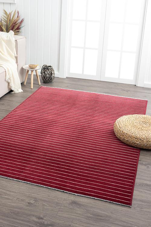 Ares Kırmızı Krem Halı Yıkanabilir Kaymaz Taban Şönil Kilim Dokuma Pamuk Taban Kilim NV11