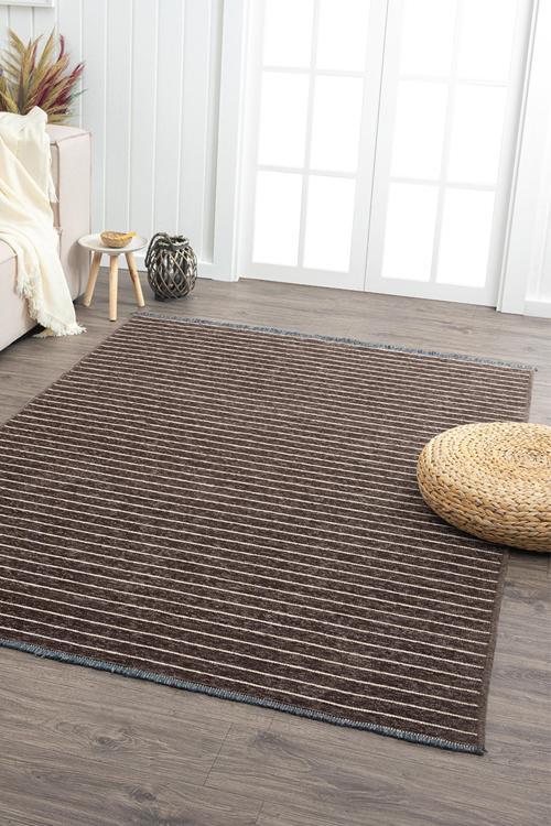 Ares Kahve Krem Halı Yıkanabilir Kaymaz Taban Şönil Kilim Dokuma Pamuk Taban Kilim NV10