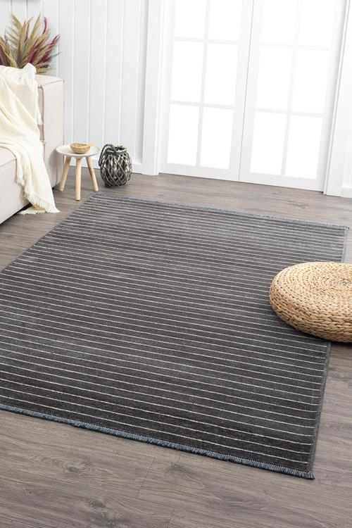 Ares Antrasit Krem Halı Yıkanabilir Kaymaz Taban Şönil Kilim Dokuma Pamuk Taban Kilim NV09