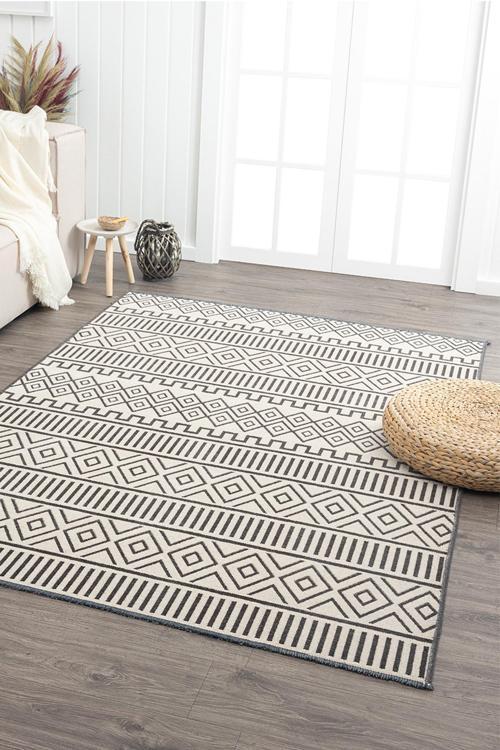 Ares Antrasit Krem Halı Yıkanabilir Kaymaz Taban Şönil Kilim Dokuma Pamuk Taban Kilim NV12
