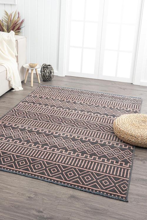 Ares Antrasit Pembe Halı Yıkanabilir Kaymaz Taban Şönil Kilim Dokuma Pamuk Taban Kilim NV13