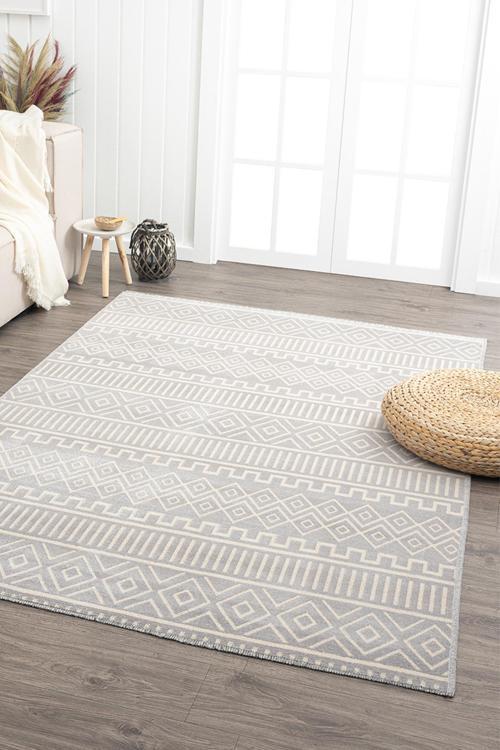 Ares Gri Krem Halı Yıkanabilir Kaymaz Taban Şönil Kilim Dokuma Pamuk Taban Kilim NV14