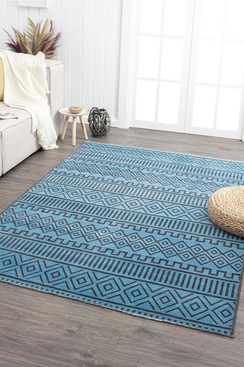 Ares Antrasit Mavi Halı Yıkanabilir Kaymaz Taban Şönil Kilim Dokuma Pamuk Taban Kilim NV15