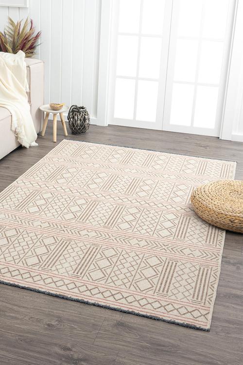 Ares Kemik Bej Halı Yıkanabilir Kaymaz Taban Şönil Kilim Dokuma Pamuk Taban Kilim NV17