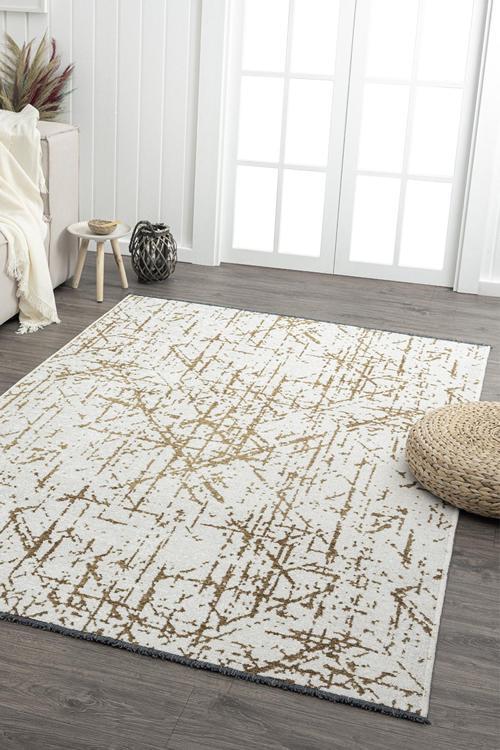 Ares Krem Gold Halı Yıkanabilir Kaymaz Taban Şönil Kilim Dokuma Pamuk Taban Kilim NV33
