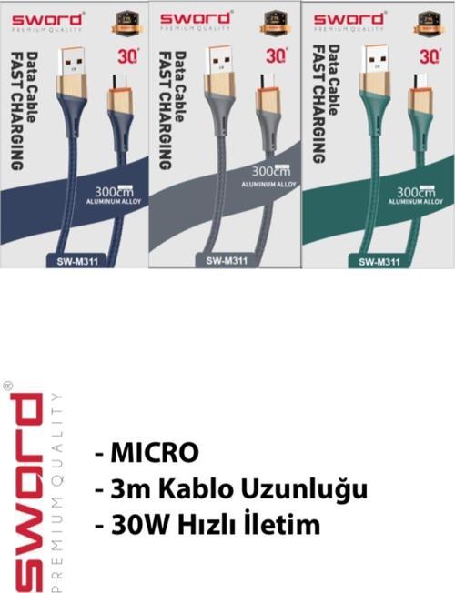 3 Metre Micro Hızlı Şarj Ve Data Kablosu