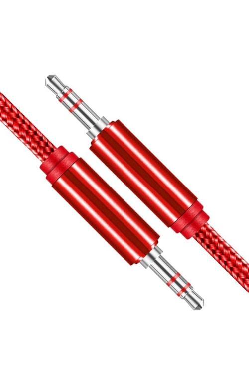 Hasır Örgülü 2 Metre Aux Kablosu Ses Kablosu 3.5 Mm Kırmızı