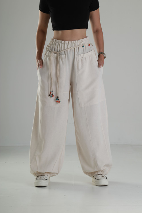 Tasarım Keten Bej Baggy Pantolon