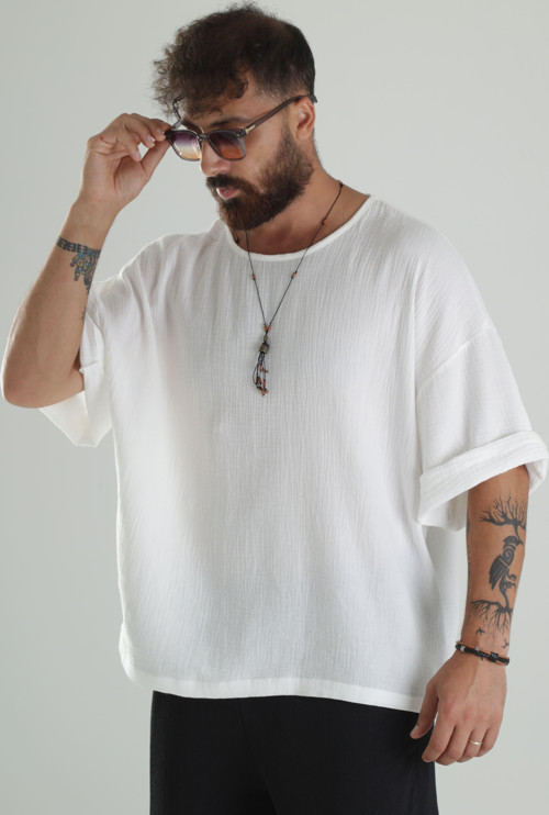Beyaz Müslin Kumaş Oversize Fakir Kol T-Shirt