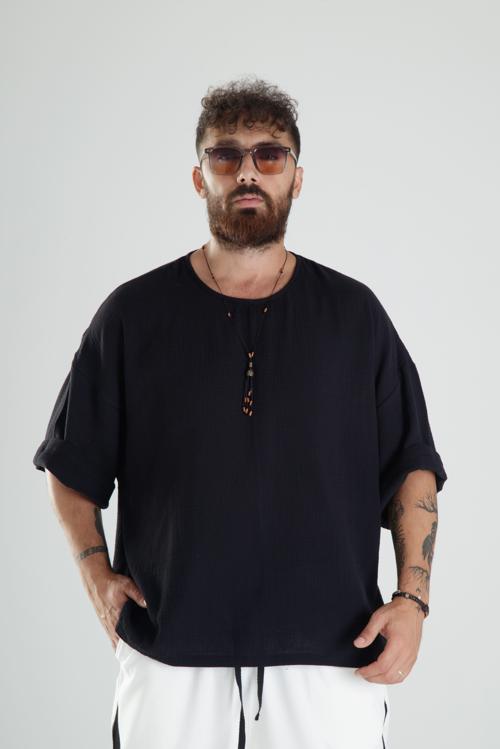 Siyah Müslin Kumaş Oversize Fakir Kol T-Shirt