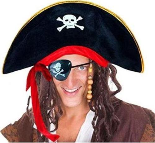 Yetişkin Boy Kadife Kaptan Jack Sparrow Korsan Şapkası ve Plastik Korsan Göz Maskesi