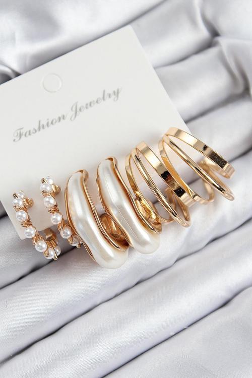 Pirinç İncili Halka Model Gold Renk Kadın Set Küpe