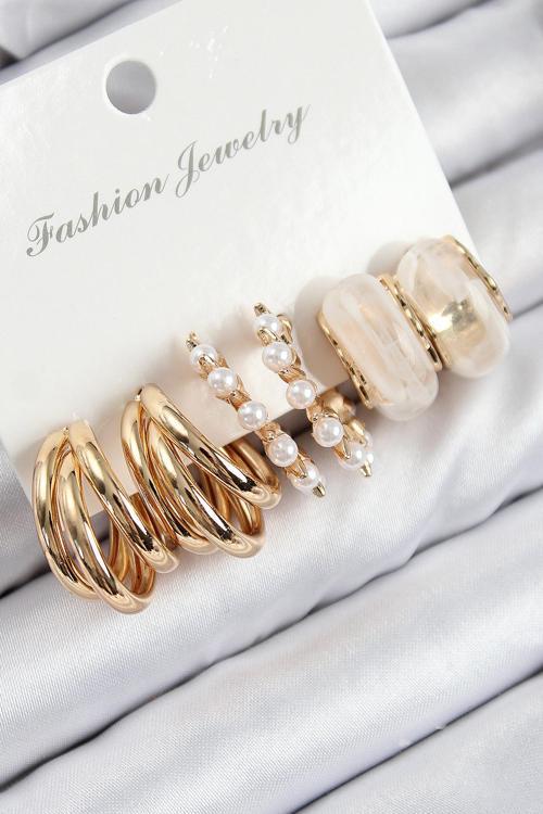 Pirinç İncili Halka Model Gold Renk Kadın Set Küpe