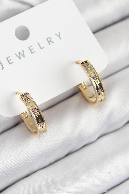 Pirinç Zirkon Taşlı Halka Model Gold Renk Kadın Küpe