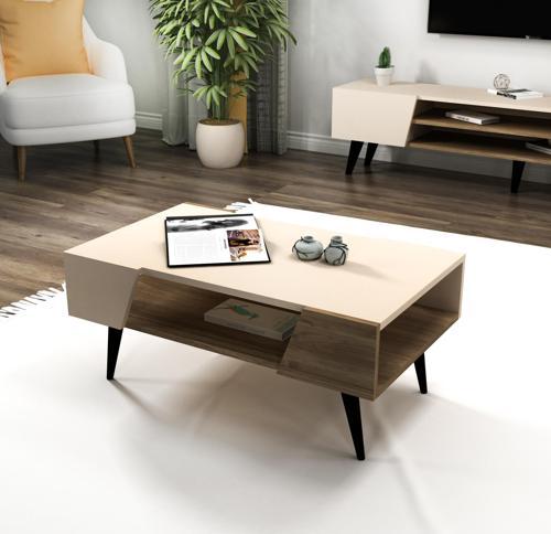 Clara Raflı Modern Tasarım Orta Sehpa Salon Sehpası, Ceviz Bej - Clara