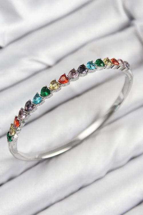 Pirinç Renkli Zirkon Taşlı Kalp Model Gümüş Renk Kadın Kelepçe